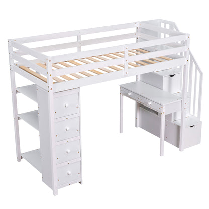 Twin Size Loft Bed With Storage Drawers, Desk And Stairs With Shelves - White