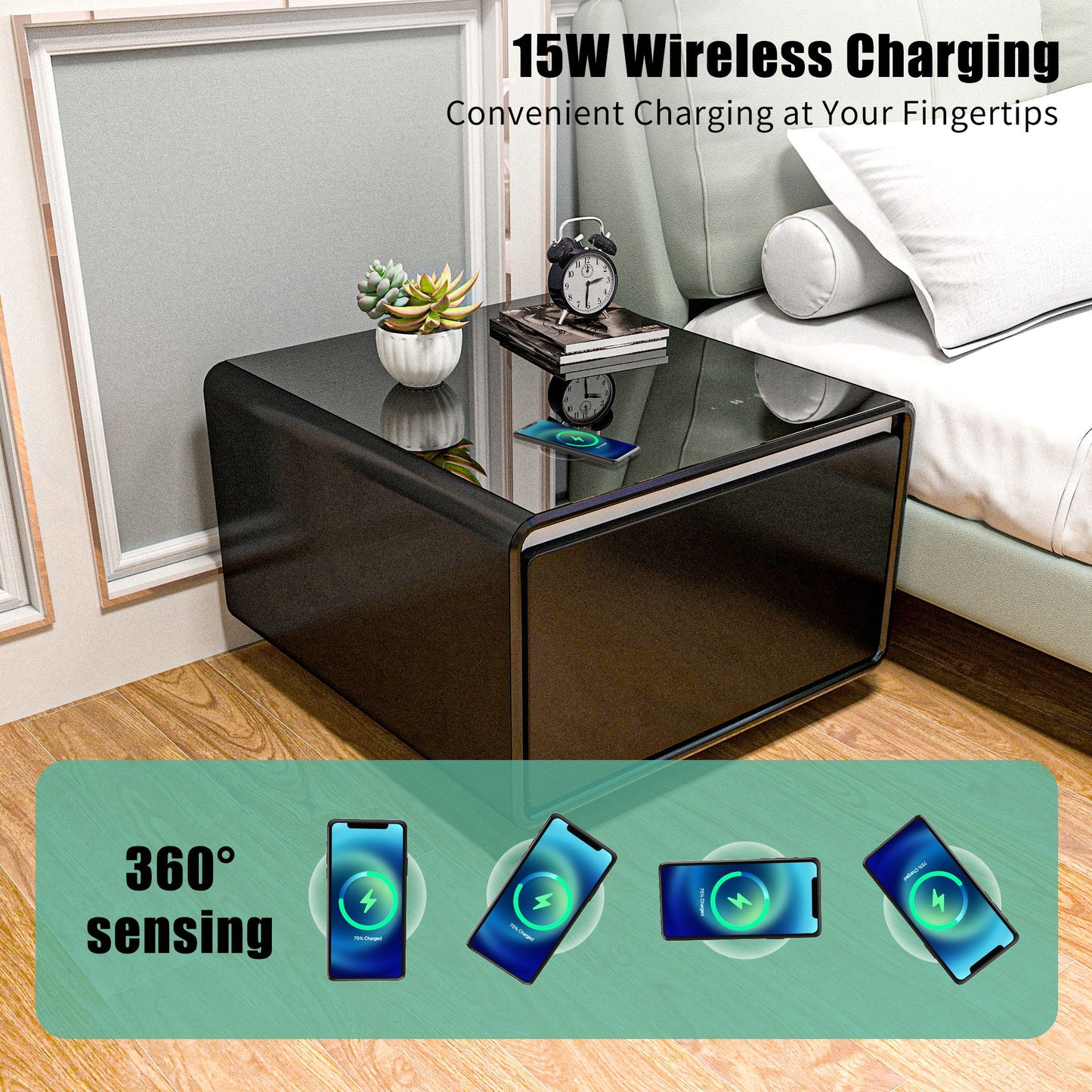 Modern Smart Side Table With Built-In Fridge, Wireless Charging, Temperature Control, Power Socket, USB Ports, Outlet Protection, Induction Light - Black