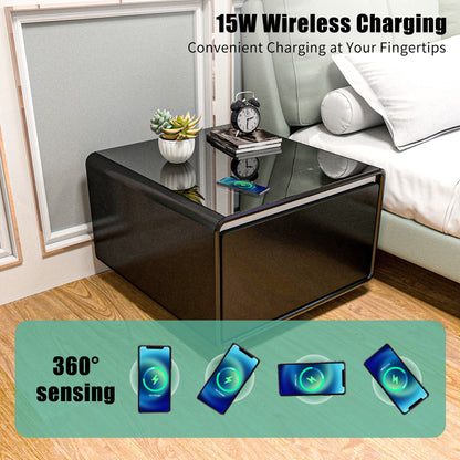 Modern Smart Side Table With Built-In Fridge, Wireless Charging, Temperature Control, Power Socket, USB Ports, Outlet Protection, Induction Light - Black
