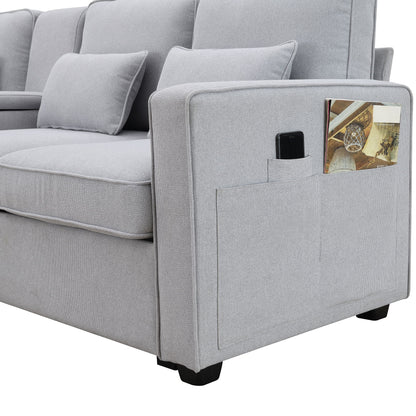 Upholstered Sofa With Console, 2 Cupholders And 2 USB Ports Wired Or Wirelessly Charged, Modern Linen Fabric Couches With 4 Pillows (4 Seat) - Light Gray