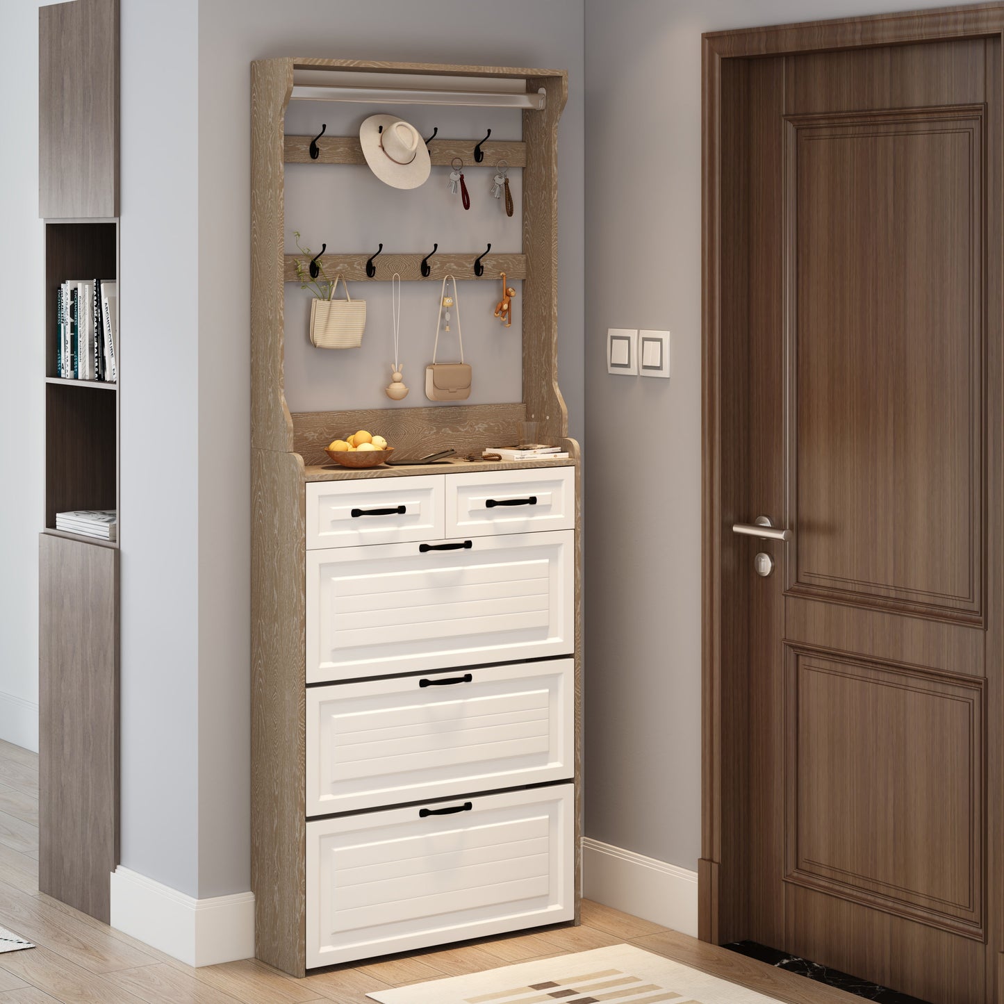 Shoe Cabinet With 3 Doors 2 Drawers With Hanger, Door With Shape, Large Space For Storage - White