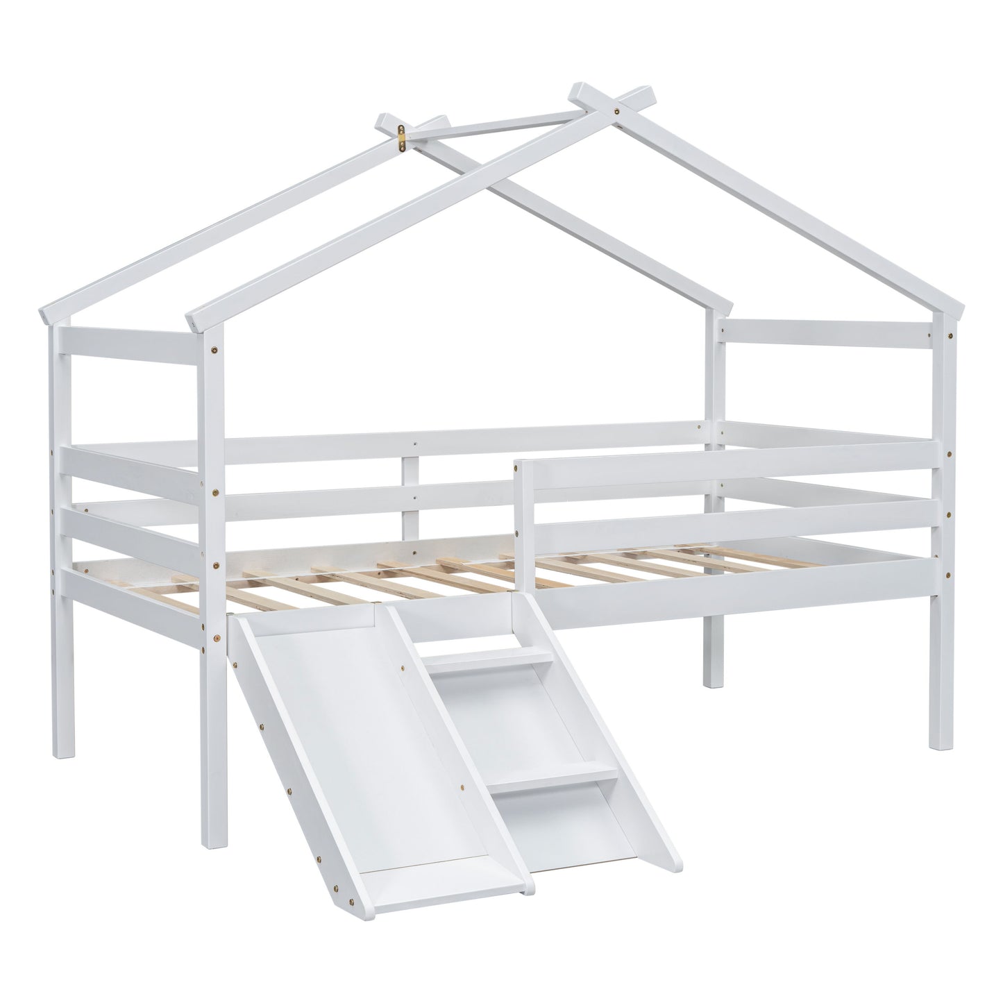 Twin Low Loft House Bed With Slide, Ladder, Safety Guardrails, House Roof Frame - White