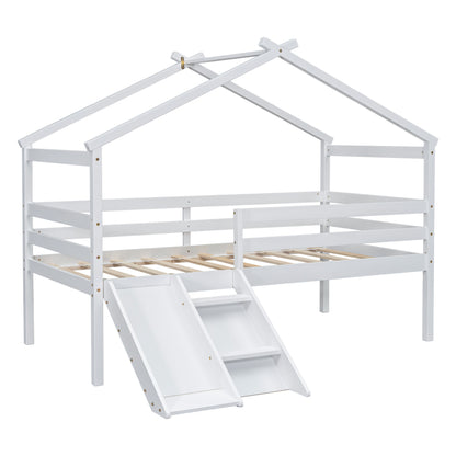 Twin Low Loft House Bed With Slide, Ladder, Safety Guardrails, House Roof Frame - White