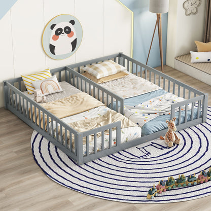 Double Twin Floor Bed With Fence, Guardrails, Without Door - Gray