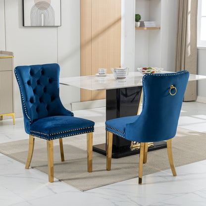 Nikki - Modern, High-End Tufted Solid Wood Contemporary Velvet Upholstered Dining Chair With Golden Stainless Steel Plating Legs, Nailhead Trim (Set of 2) - Blue / Gold