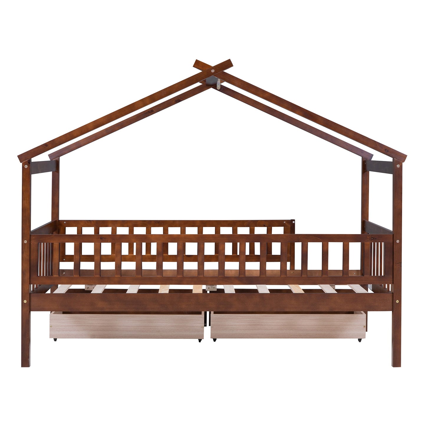 Twin Size House Bed With 2 Drawers - Walnut