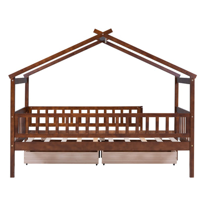 Twin Size House Bed With 2 Drawers - Walnut