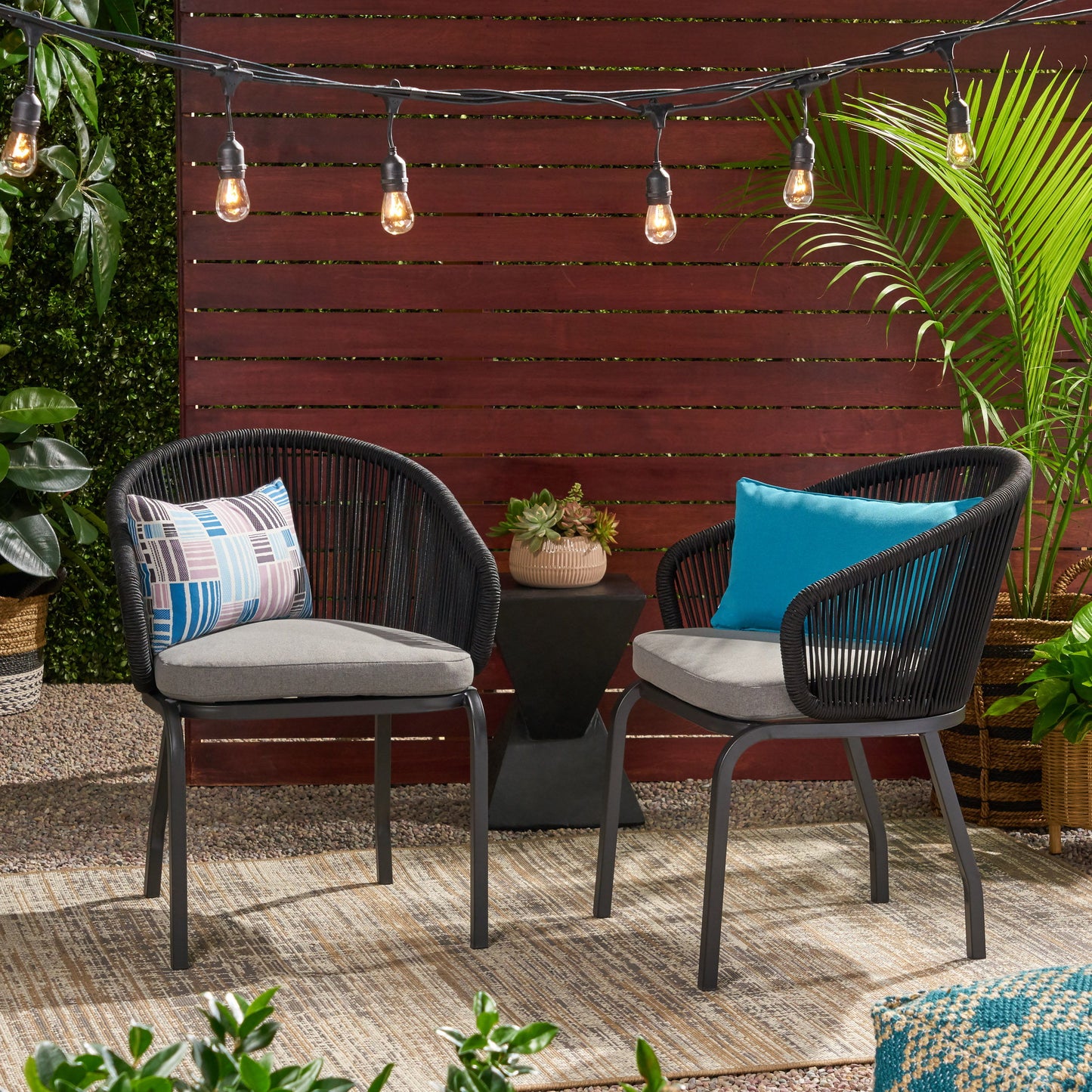 Outdoor Accent Chair With Rope Weave And Metal Frame (Set of 2) - Gray