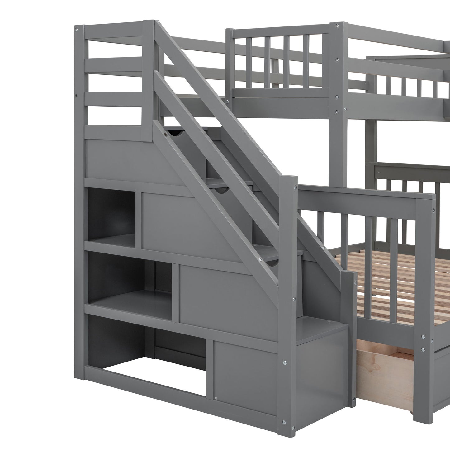 Twin Twin Over Full L Shaped Bunk Bed With 3 Drawers, Portable Desk And Wardrobe - Gray
