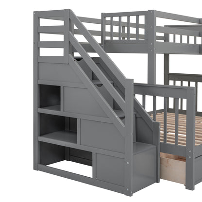 Twin Twin Over Full L Shaped Bunk Bed With 3 Drawers, Portable Desk And Wardrobe - Gray