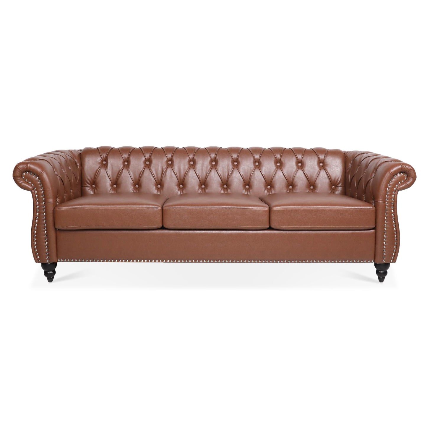 Rolled Arm Chesterfield Three Seater Sofa - Brown