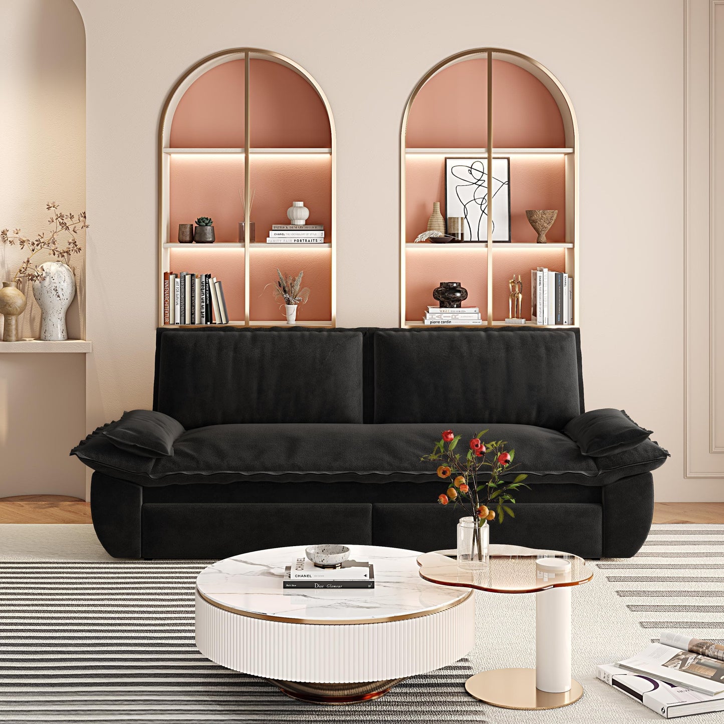 Queen Pull Out Sofa Bed, 3 In 1 Convertible Sleeper Sofa Multifunctional Velvet Loveseat Bed - Black
