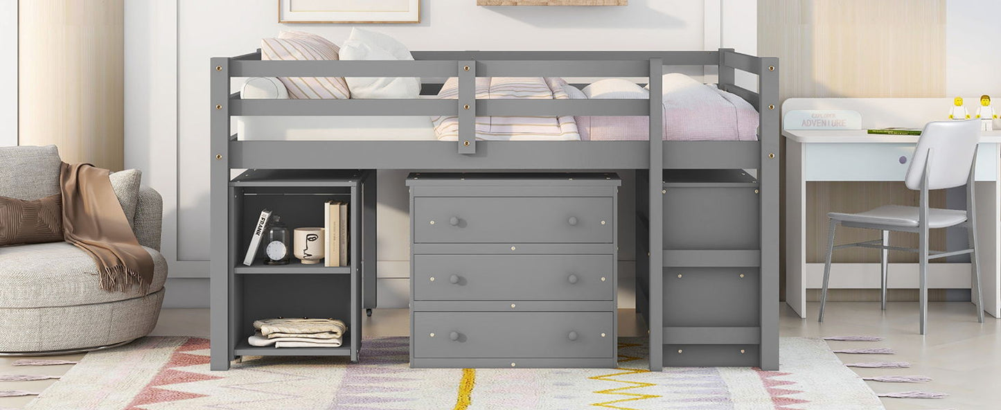 Full Loft Low Study Bed With Cabinet, Shelves And Rolling Portable Desk, Multiple Functions- Gray