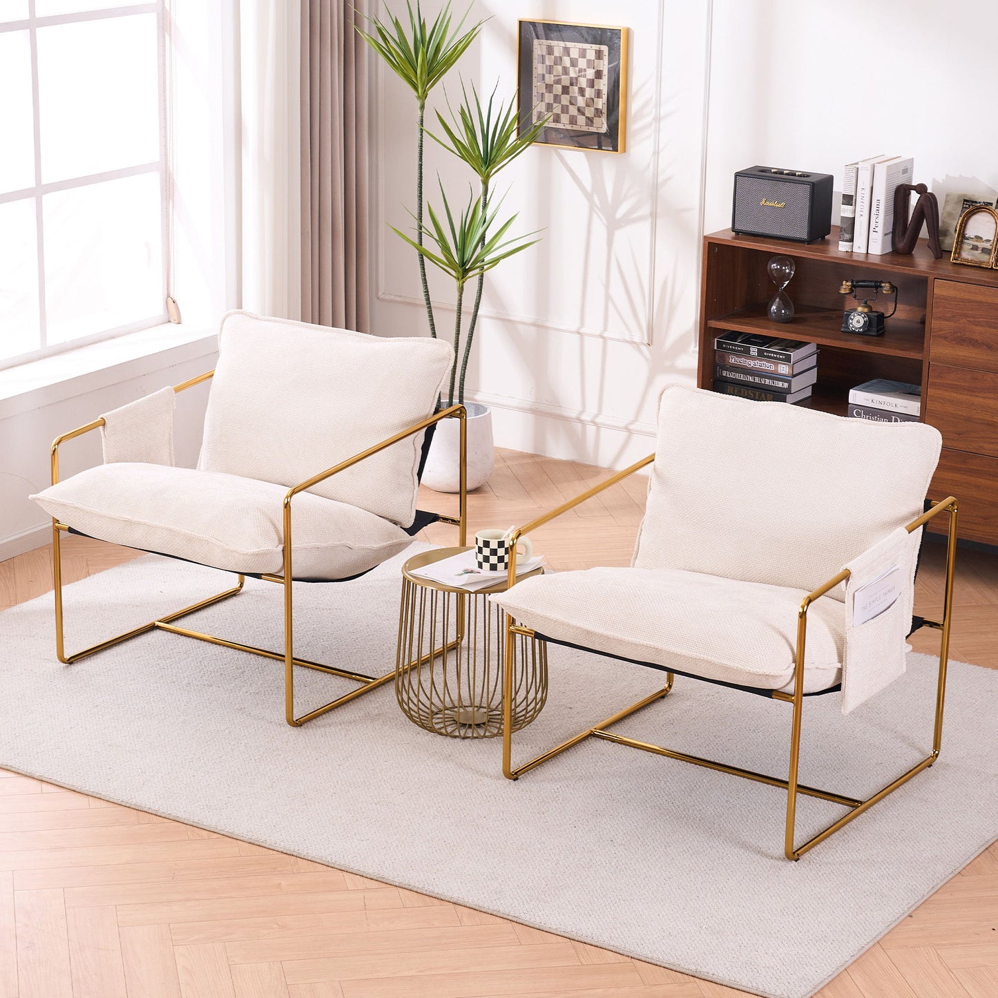 Upholstered Hanging Armchair With Arm Pocketsmetal Frame, Gold-Plated Craftsmanship, Crushed Foam Cushions And Skin-Friendly Woven Fabric For Living Room (Set of 2) - Beige