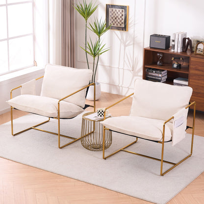 Upholstered Hanging Armchair With Arm Pocketsmetal Frame, Gold-Plated Craftsmanship, Crushed Foam Cushions And Skin-Friendly Woven Fabric For Living Room (Set of 2) - Beige
