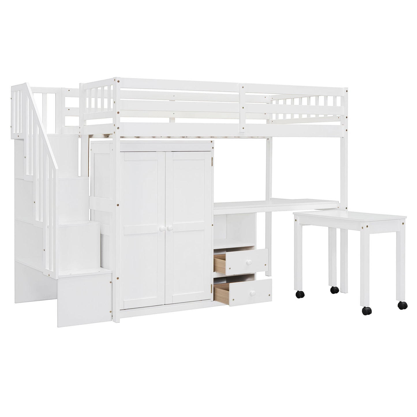 Twin Size Loft Bed With Stairs, Bookshelf, Drawers, Desk & Wardrobe, Space Saving Multifunctional Furniture - White