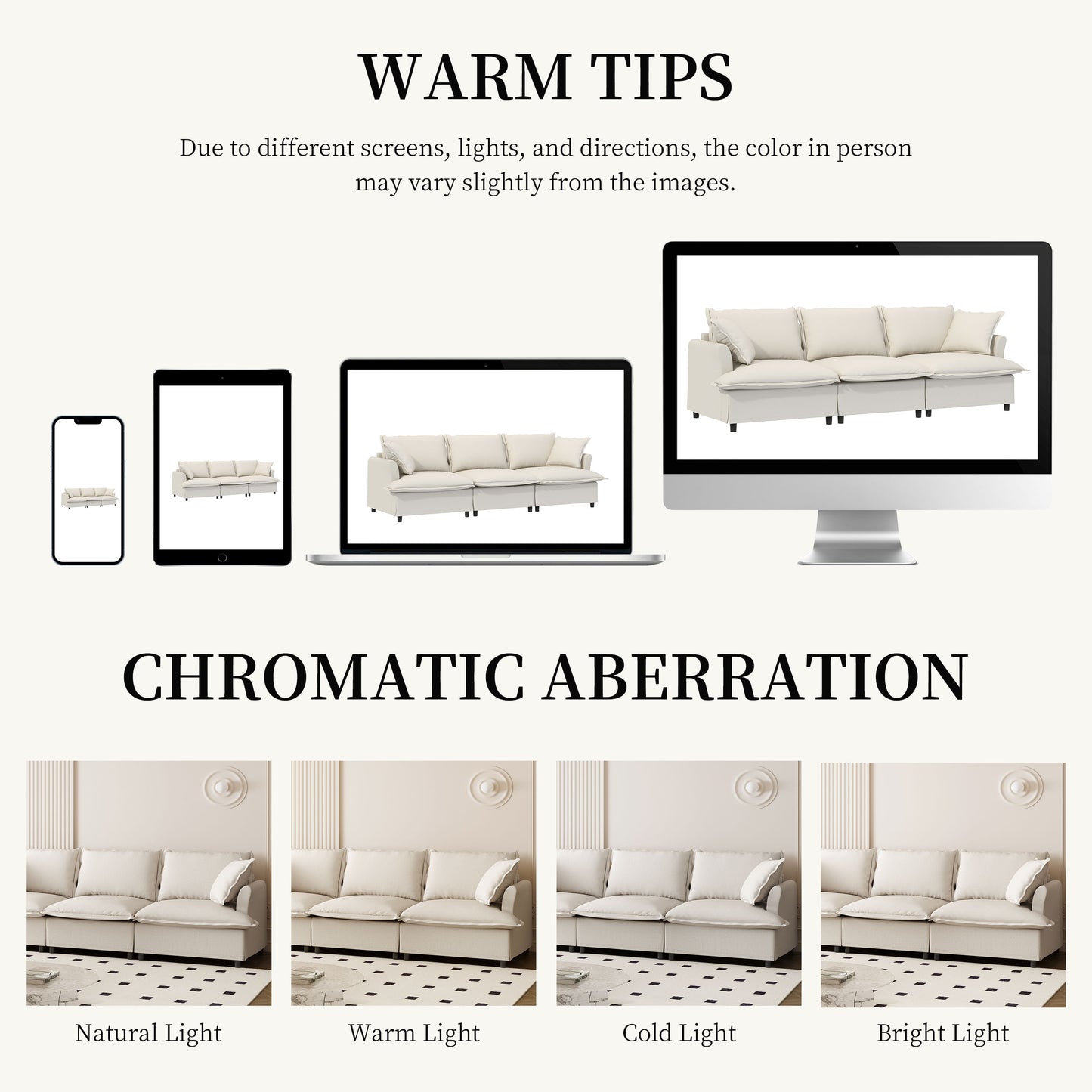 3 Seat Sofa Module For Modular Sectional Wide Seat Cloud Couch With Throw Pillows Upholstered - Beige