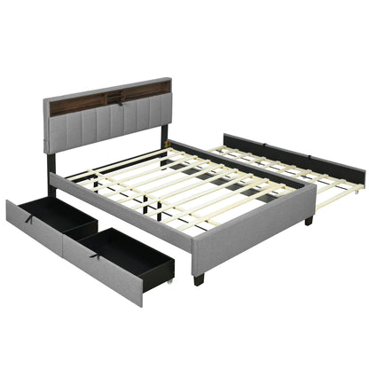 Queen Size Upholstered Platform Bed With Storage Headboard, Twin Long Size Trundle & 2 Drawers And A Set Of Sockets & USB Ports - Gray