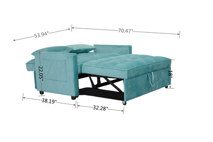 Velvet Two Seater Pull Out Sofa Bed, Adjustable Backrest With Three USB Ports, Two Side Pockets, 3 In 1 Convertible Sleeper Sofa Bed, Modern Love Seat Lounge Sofa For Living Room - Light Blue