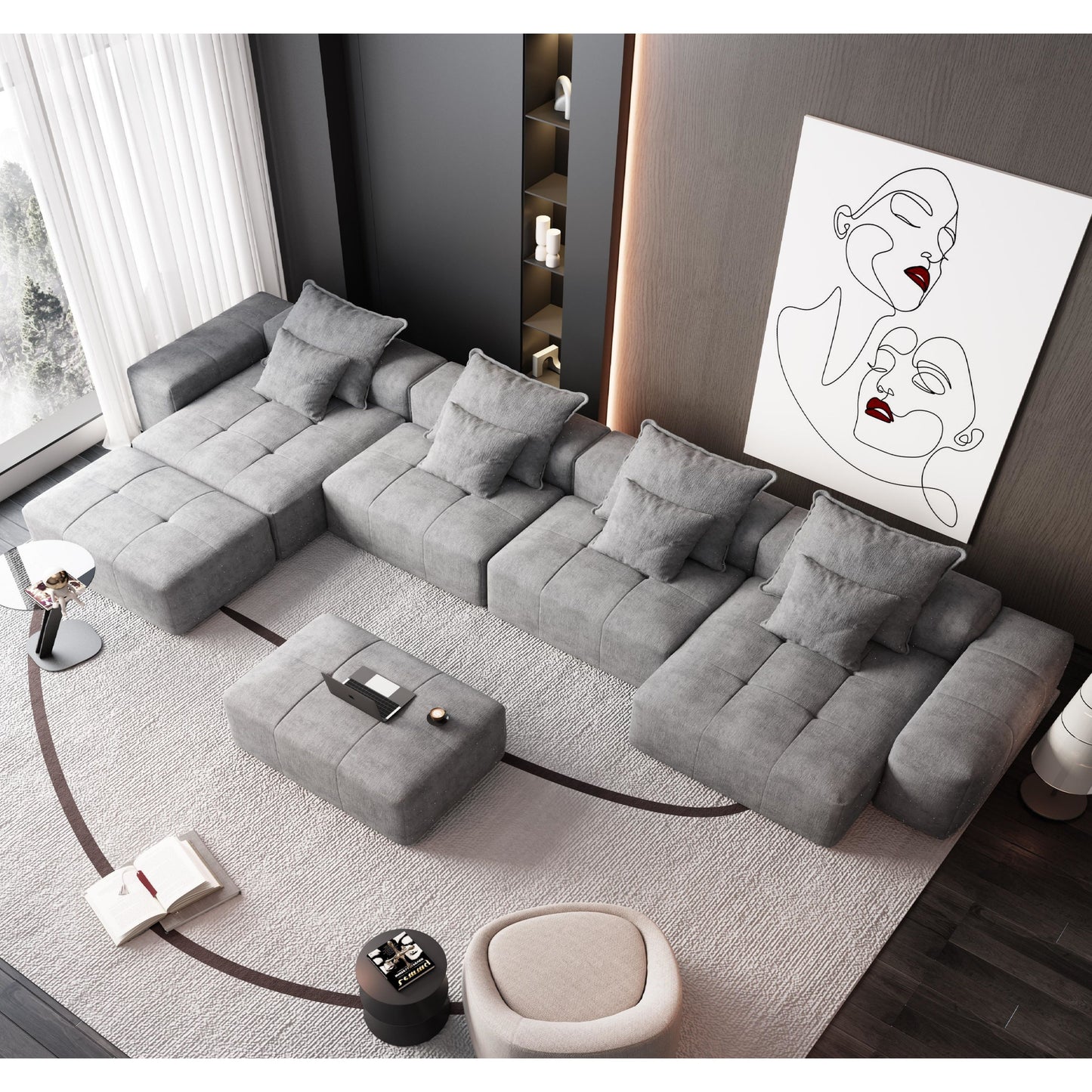 Modern Oversized Modular Sectional Sofa, Sparkling Chenille Fabric Soft Cushion Sofa With 8 Pillows, 8 Pieces Diy Combination Tufted Sofa, No Assembly Required - Gray