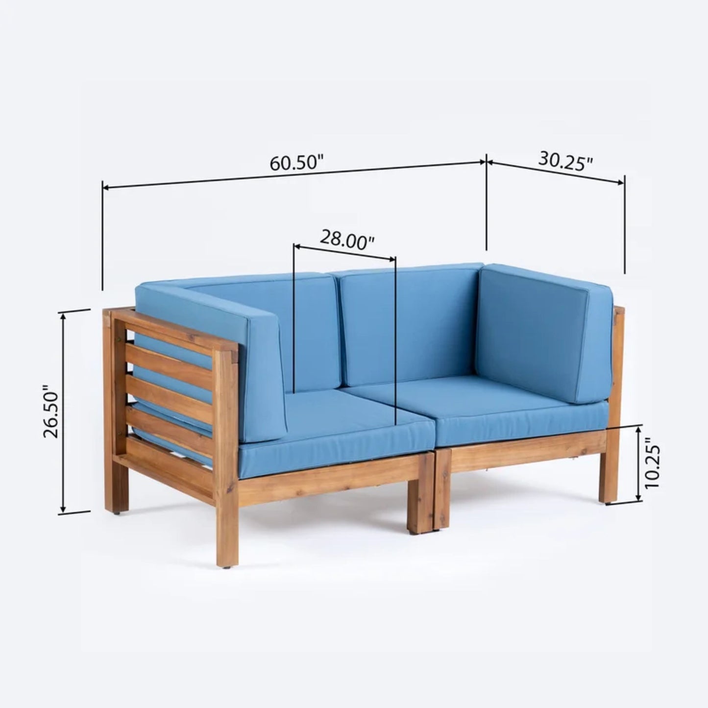 Oana - 2 Piece Love Seat Set, Acacia Wood Frame With Water Resistant Cushions - Blue