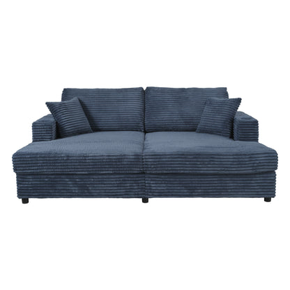 Oversized Loveseat Chaise Lounge Sectional Sofa Bed Corduroy Sleeper Sofa With 2 USB Ports, 2 Cup Holders And 2 Throw Pillows For Living Room And Bedroom - Blue