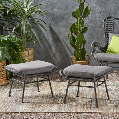 Outdoor Modern Boho Wicker Ottoman With Cushions (Set of 2) - Gray