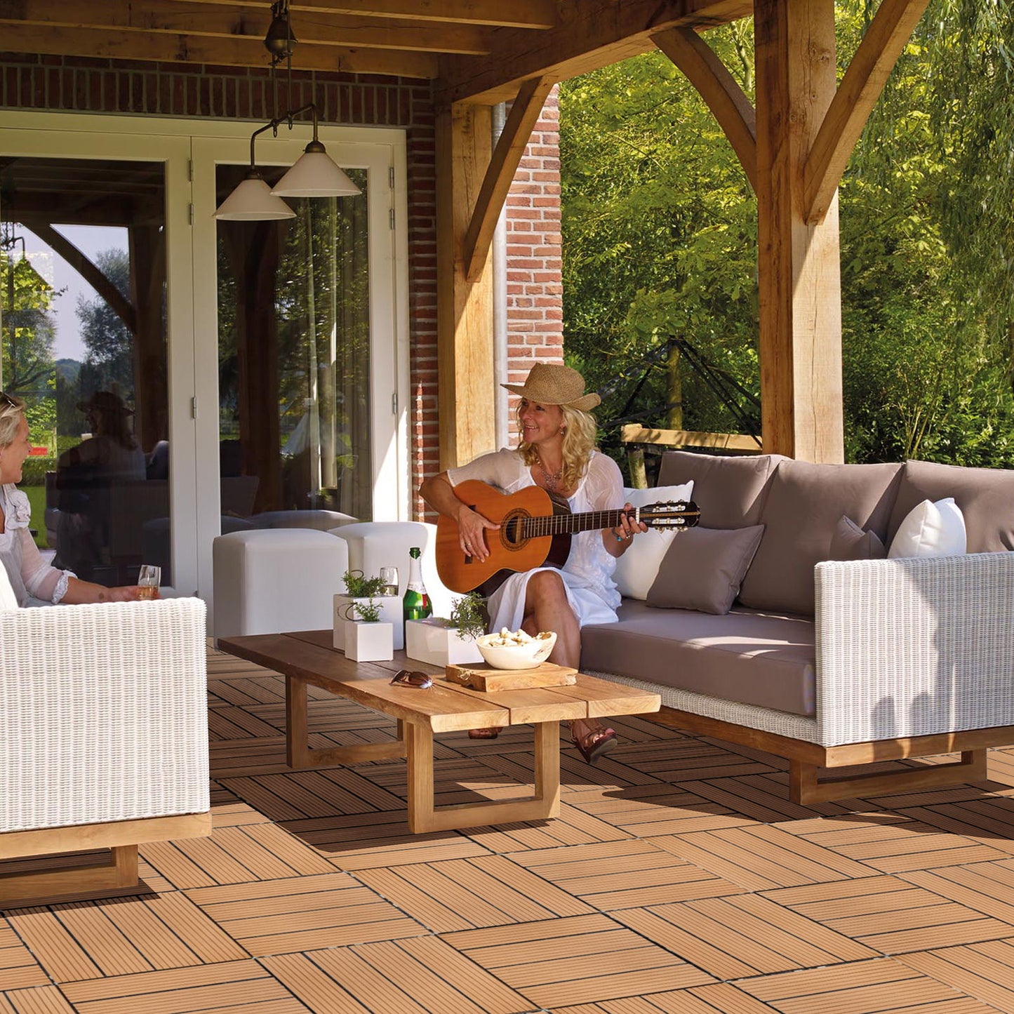 Plastic Interlocking Deck Tiles, (Set of 44), Patio Flooring Outdoor Waterproof All Weather Use For Garden Poolside Front / Back Yard - Burlywood