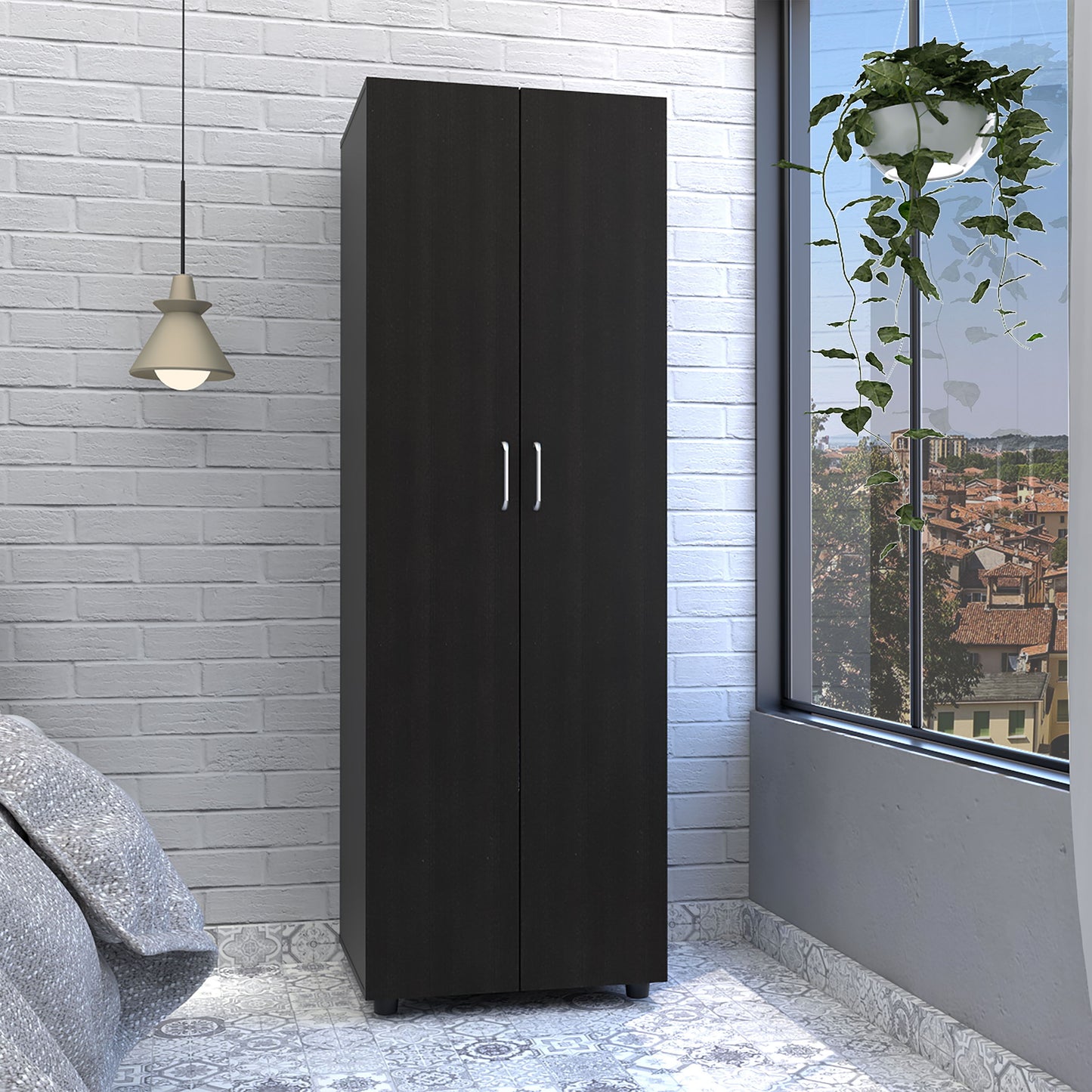 Armoire Organiser, Two Shelves, Rod, Double Door Cabinet Armoire - Black