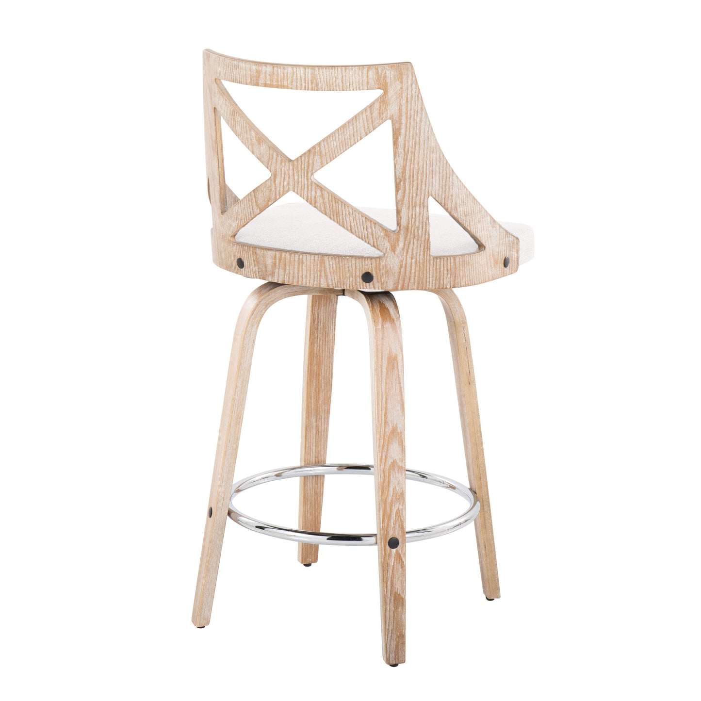 Charlotte - Farmhouse Fixed Height Counter Stool With Swivel Round Chrome Footrest (Set of 2) - White Washed / Cream