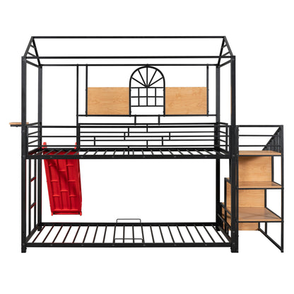 Twin Over Twin Bunk Bed, Housebed With Slide And Storage Stair - Black / Red