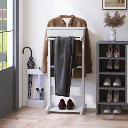 Portable Garment Rack, Clothes Valet Stand With Storage Organizer - White