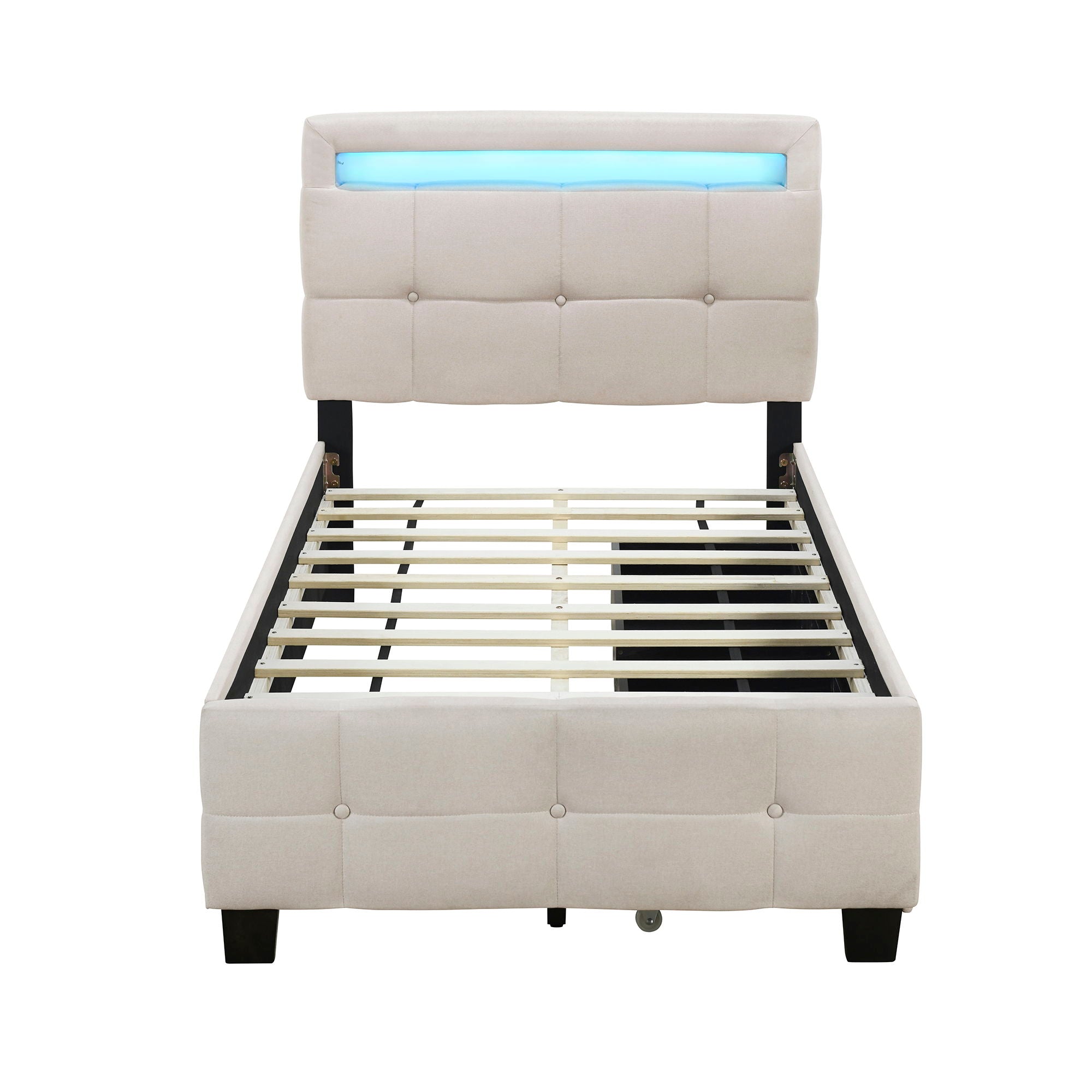 Twin Size Upholstered Platform Bed With LED Frame And 2 Drawers - Beige