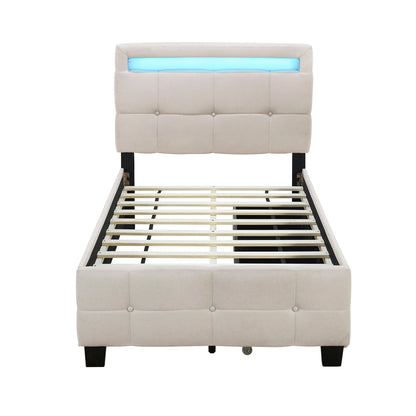 Twin Size Upholstered Platform Bed With LED Frame And 2 Drawers - Beige