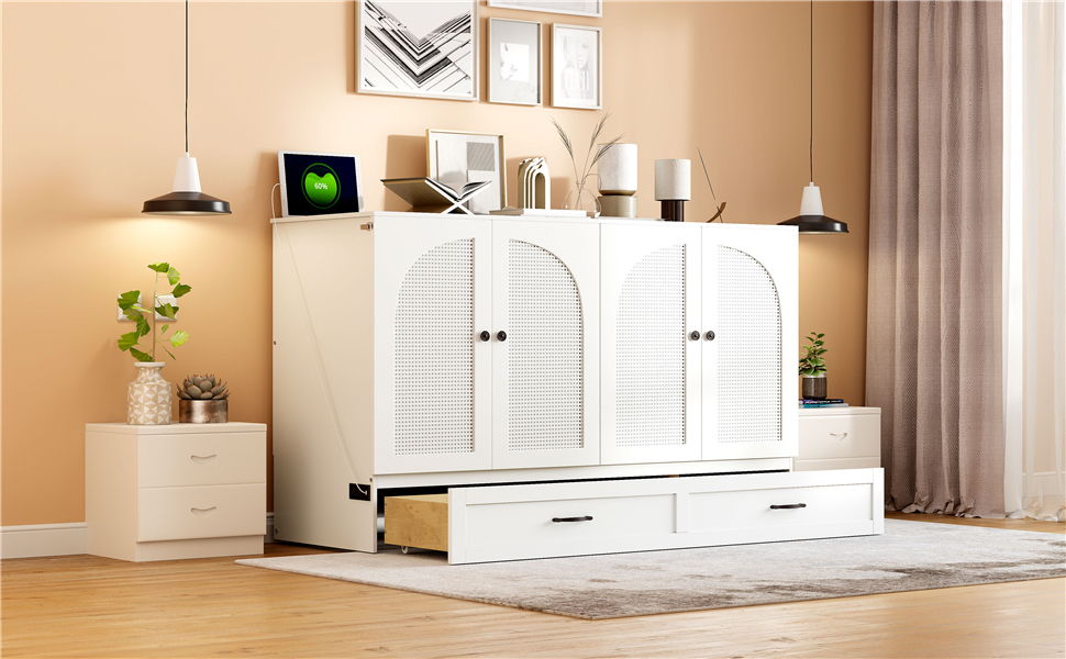 Queen Size Murphy Bed With Large Drawers - White
