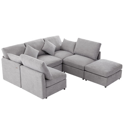 Sectional Sofa Modular Sofa U - Shaped Sofa Couch Sofa Bed L - Shaped Sofa With A Movable Ottoman And Two USB Ports For Living Room - Light Gray