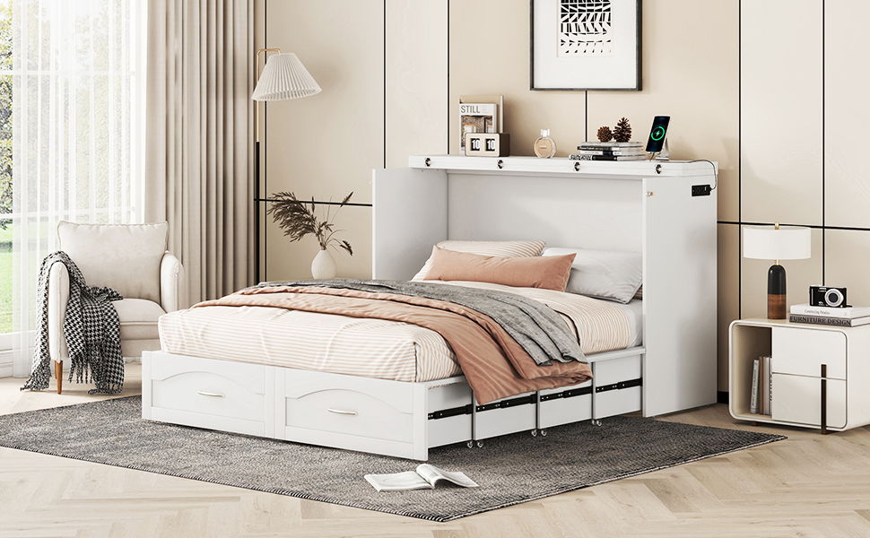 Queen Size Murphy Wall Bed With Drawer And A Set Of Sockets & USB Ports, Pulley Structure Design - White