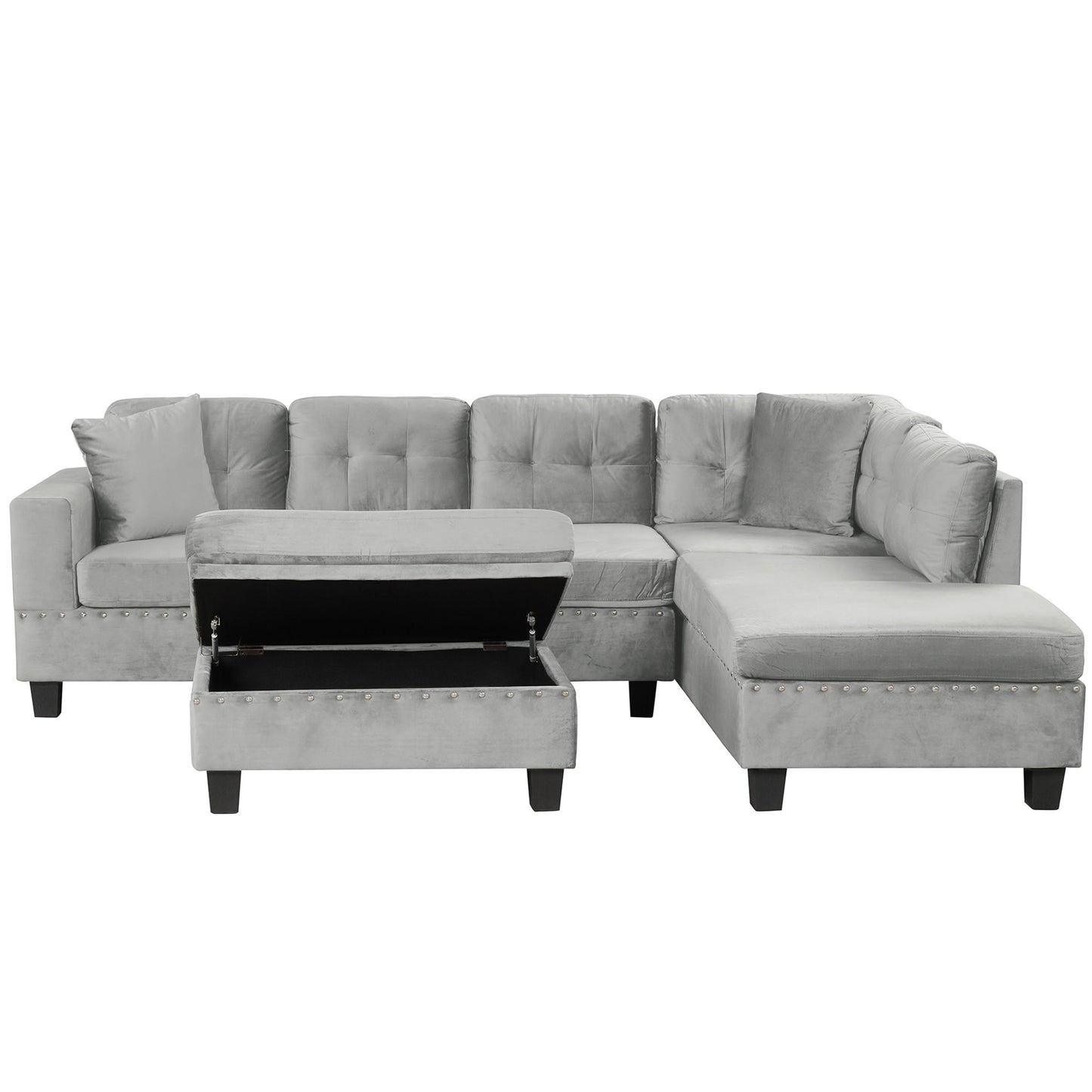 Modern Sectional Sofa With Storage Ottoman, L - Shape Couch With 2 Pillows And Cup Holders - Gray