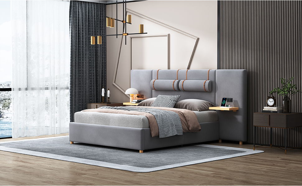Queen Upholstered Platform Bed, 2 Outlets And USB Charging Ports On Both Sides, 2 Bedside Pillows, Storage Shelves - Gray
