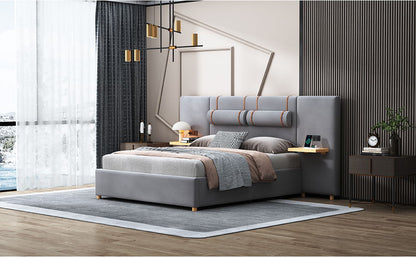 Queen Upholstered Platform Bed, 2 Outlets And USB Charging Ports On Both Sides, 2 Bedside Pillows, Storage Shelves - Gray