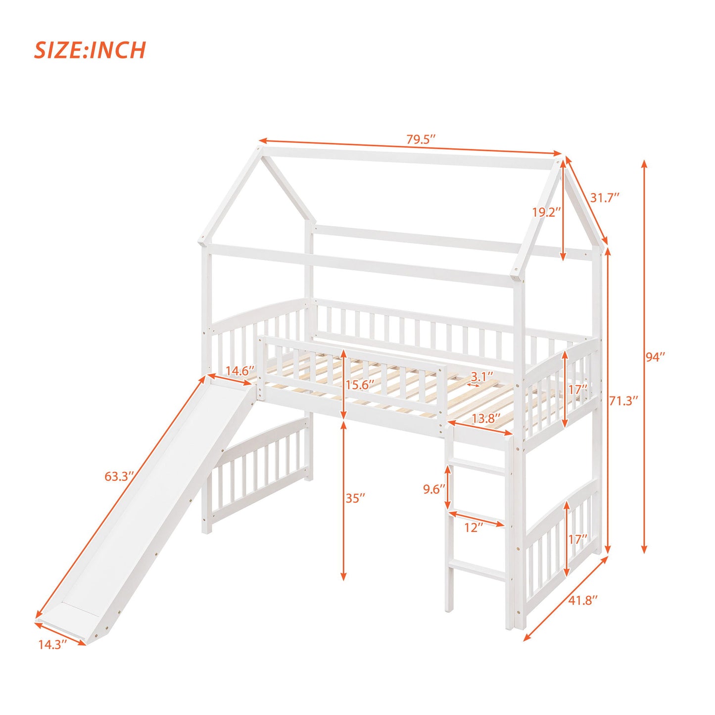 Twin House Loft Bed With Slide - White