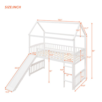 Twin House Loft Bed With Slide - White
