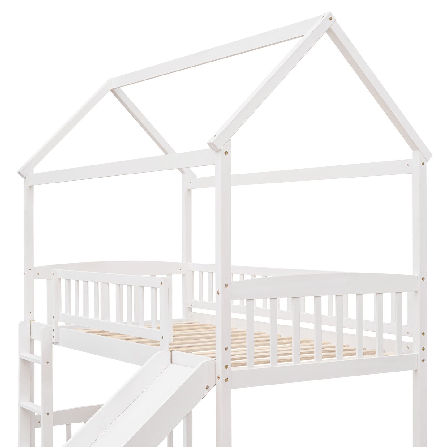 Twin House Loft Bed With Slide - White