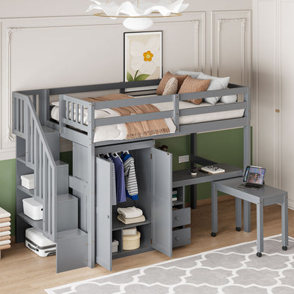 Twin Size Loft Bed With Stairs, Bookshelf, Drawers, Desk & Wardrobe, Space Saving Multifunctional Furniture - Gray