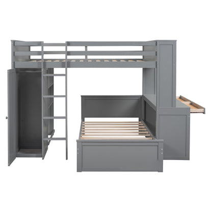 Full Size Loft Bed With A Twin Size Standalone Bed, Shelves, Desk, And Wardrobe - Gray