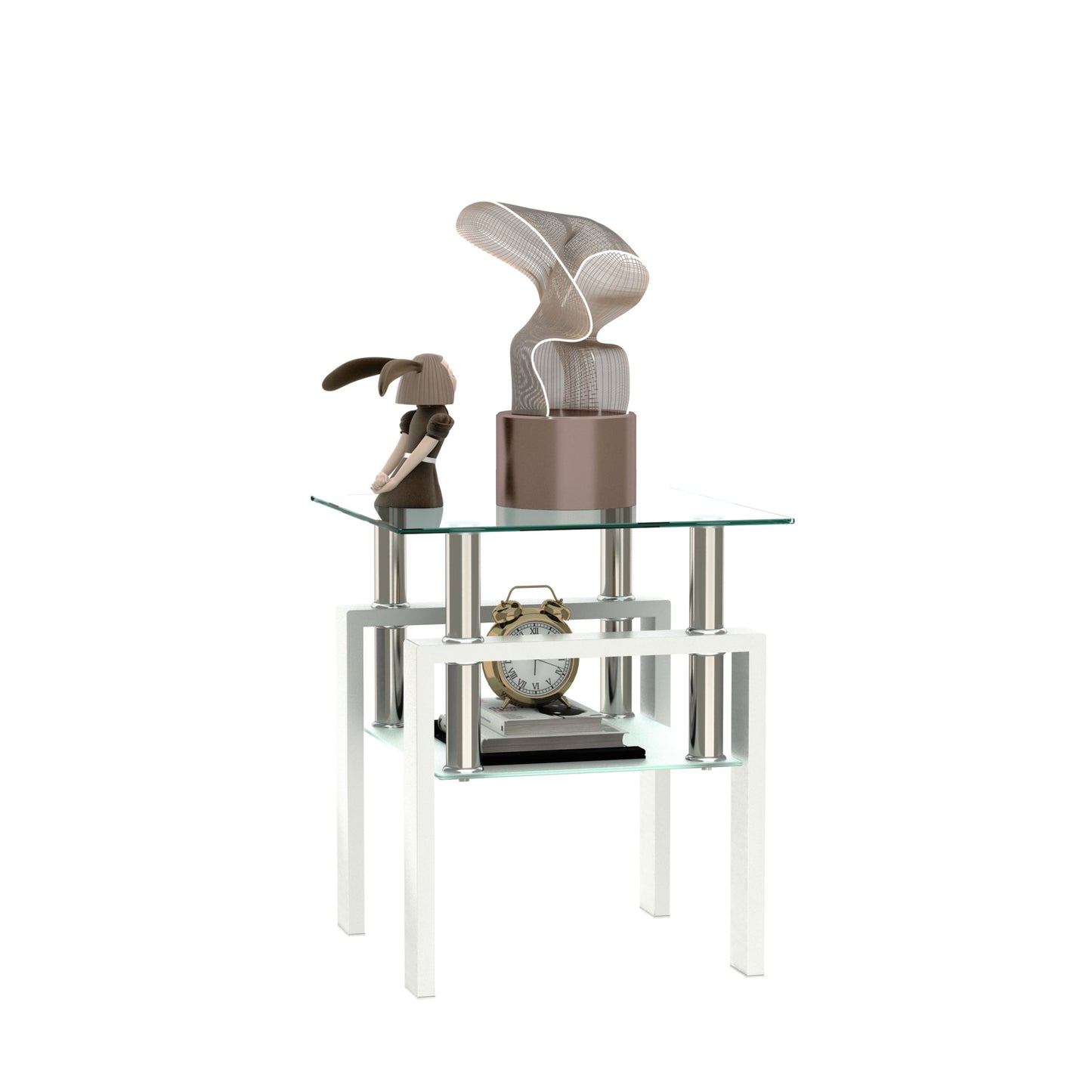 Modern Tempered Glass Tea Table, End Square Table For Living Room - Transparent / White