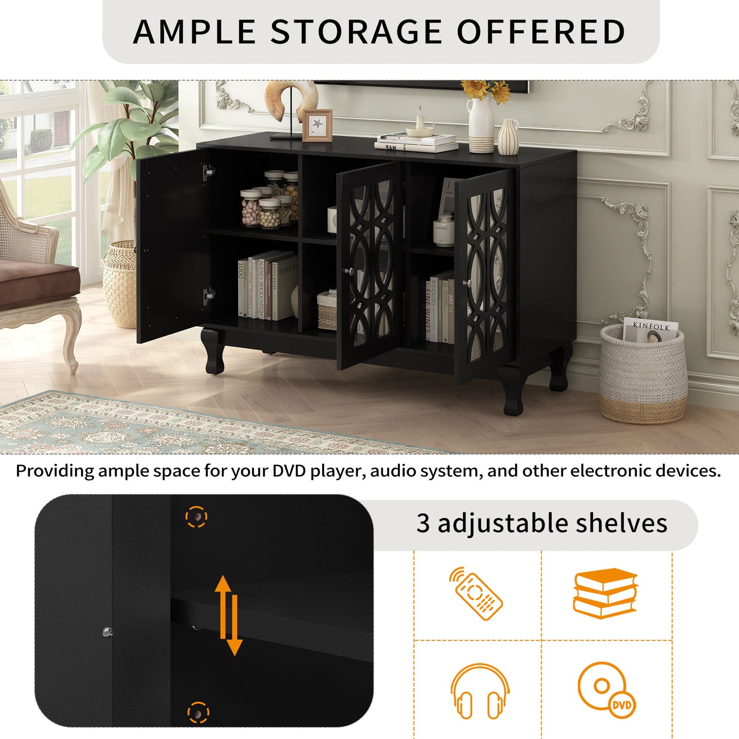 Modern Mirrored TV Stand For TV Up To 55", Entertainment Center Solid Wood Legs, Metal Handle And 3 Adjustable Shelves For Living Room - Black