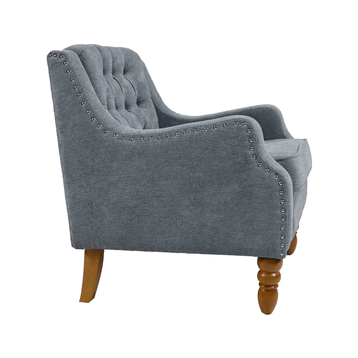 Accent Chair, Living Room Chair, Footrest Chair Set With Vintage Brass Studs, Button Tufted Upholstered Armchair For Living Room, Comfy Reading Chair For Bedroom, Reception Room - Gray