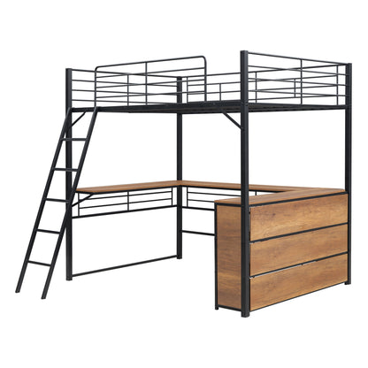 Full Size Loft Bed With 3 Layers Of Shelves And L-Shaped Desk - Black