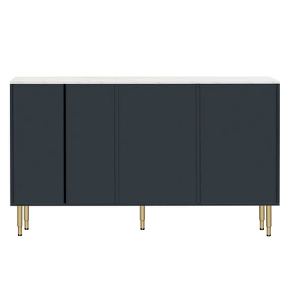Modern Sideboard Buffet Cabinet Marble Sticker Tabletop And Amber-Yellow Tempered Glass Doors With Gold Metal Legs & Handles - Navy Blue